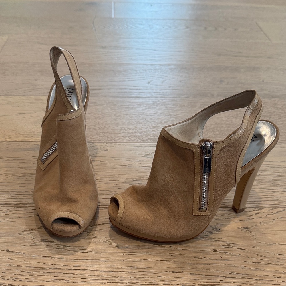 MICHAEL Michael Kors Tan Peep-Toe Heels with Zipper